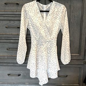 White and Black Patterned Long Sleeved Romper